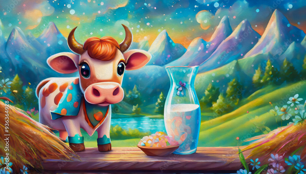 Φωτογραφία OIL PAINTING STYLE Cartoon character Milk with hay on wooden table and cute cow