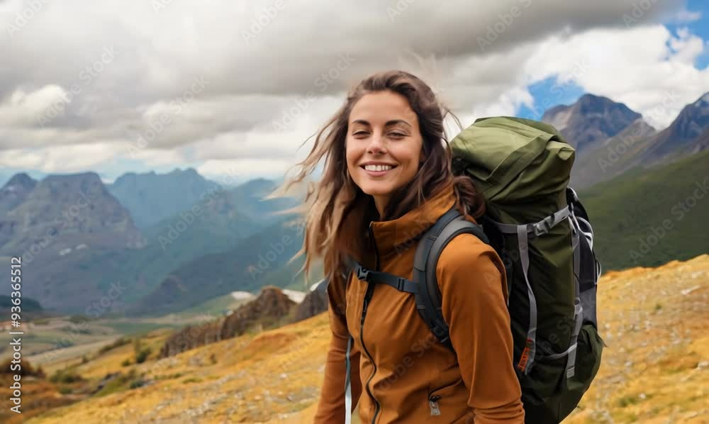 Portrait of a smiling young woman with backpack standing on top of a mountain Portrait of a smiling young woman with backpack standing on top of a mountain