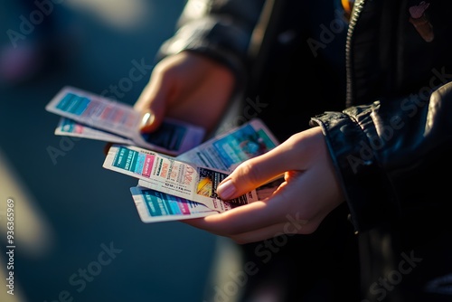  hands holding tickets for a music festival, with the entrance gate visible in the background 