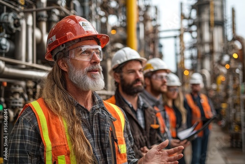 Construction Team Briefing at a Refinery in the Afternoon Sun