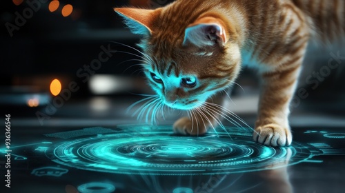 Futuristic digital art of a cat with glowing cyber eyes in neon ambiance photo