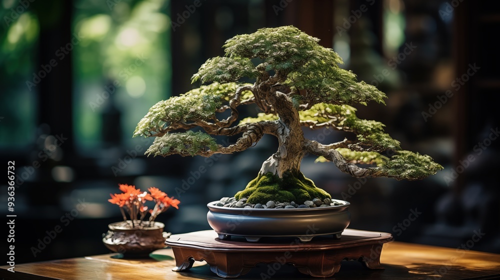 A beautifully crafted bonsai tree with intricate branches and lush green foliage, displayed in a traditional pot. The background features soft natural light filtering through. A beautifully crafted bonsai tree with intricate branches and lush green foliage, displayed in a traditional pot. The background features soft natural light filtering through.