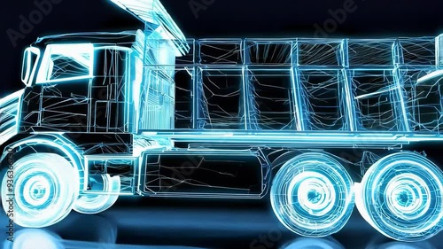Futuristic holographic truck with glowing neon lines showcasing advanced transportation and logistics technology