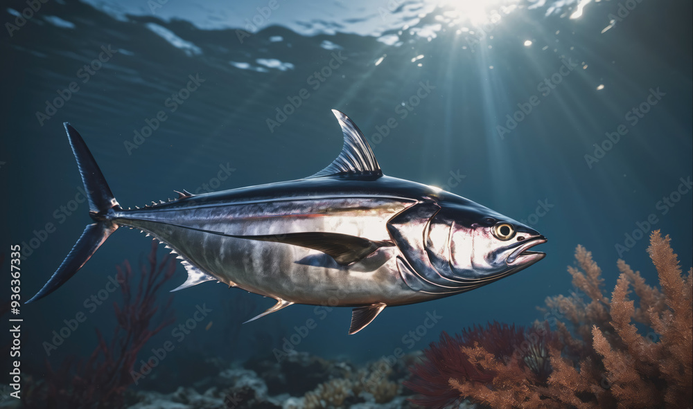 Naklejka premium A large tuna swims through the clear, blue ocean, sunlight streaming in from above