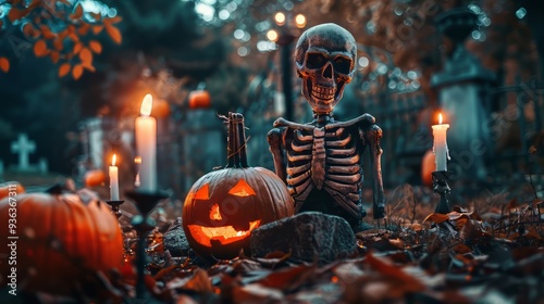 Skeleton in a graveyard cemetery, spooky halloween concept, pumpkins and candles.