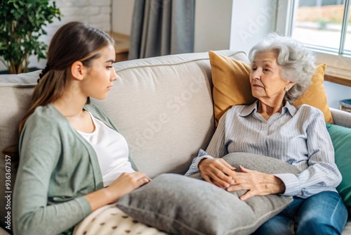 Generational Conversation: Young Woman and Elderly Lady on Sofa.  A heartfelt moment between a young woman and an elderly lady as they converse on a cozy sofa. photo