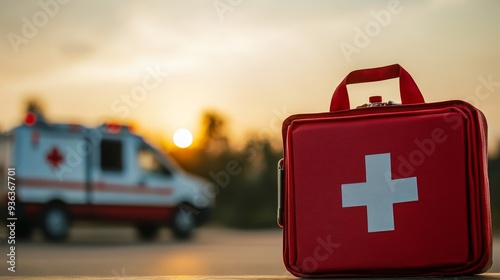 Life-Saving Tools: First Aid Kit with Ambulance in the Background