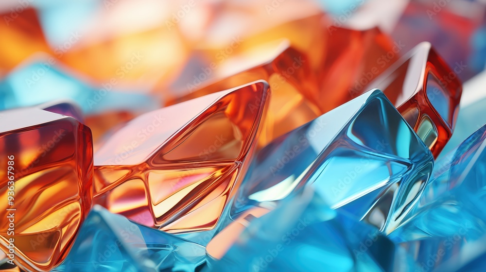 A close-up view of colorful glass shards in shades of orange, blue, and clear. The light reflects off the surfaces, creating a vibrant and dynamic composition. Attractive attention bright background. A close-up view of colorful glass shards in shades of orange, blue, and clear. The light reflects off the surfaces, creating a vibrant and dynamic composition. Attractive attention bright background.