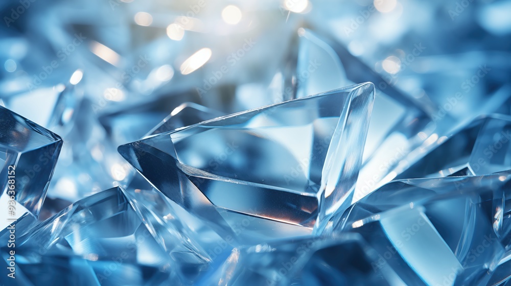 A close-up view of scattered clear glass shards reflecting light, creating a sparkling effect. The background features a soft blue hue, enhancing the clarity and brilliance. A close-up view of scattered clear glass shards reflecting light, creating a sparkling effect. The background features a soft blue hue, enhancing the clarity and brilliance.