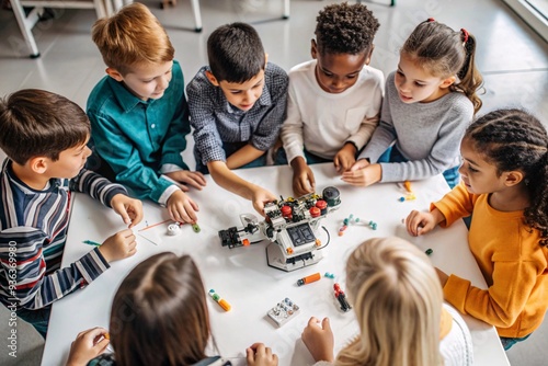 Young Students Engage in Robotics Learning. A group of enthusiastic children, ranging from diverse ethnic backgrounds, gather around a table in a classroom setting.  photo