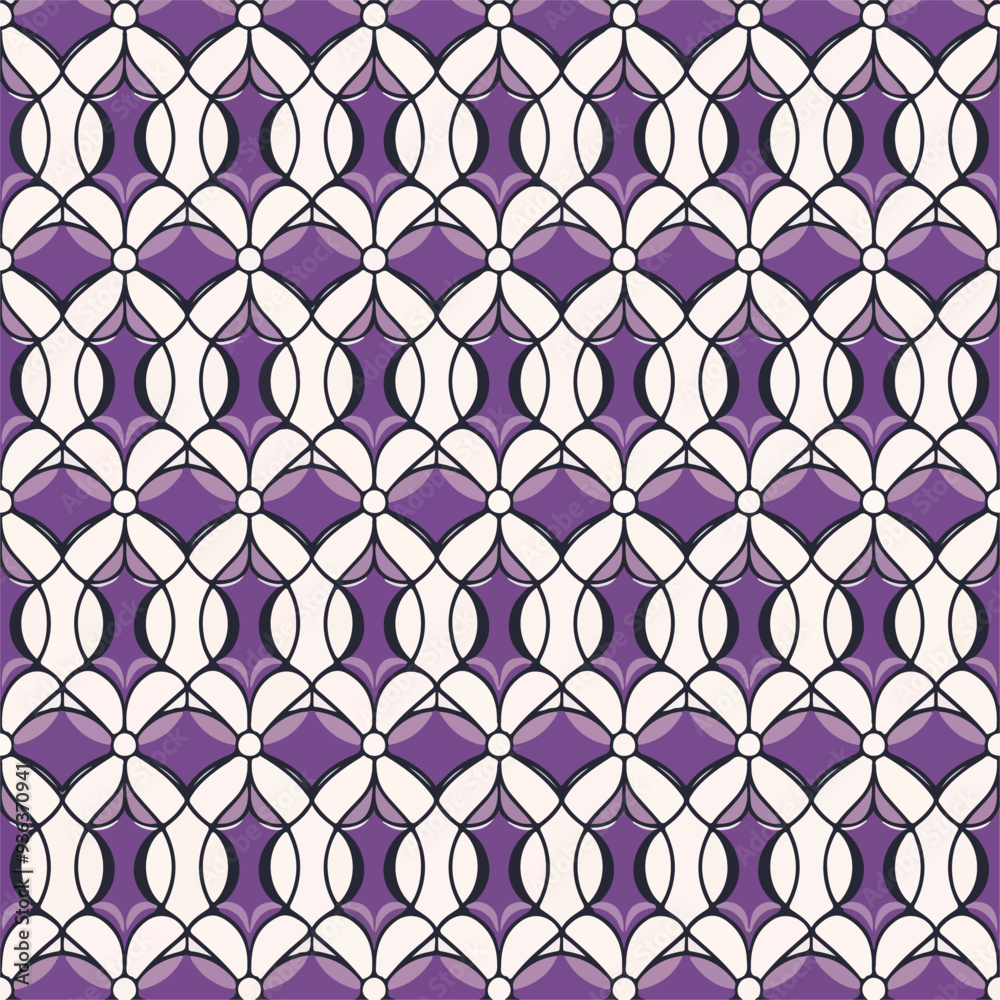 Fototapeta premium Abstract purple geometric pattern with a pattern of leaves and flowers