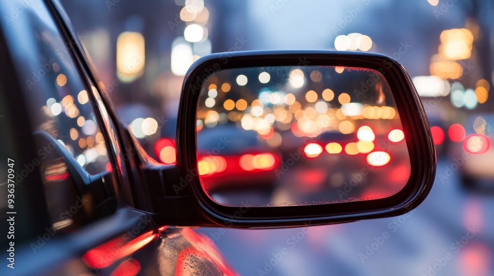A close-up of a car's side mirror reflecting a busy city street with blurred lights and traffic in the background.