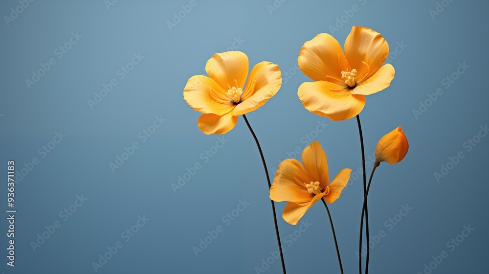 Obraz premium A beautiful minimalist arrangement of vibrant yellow flowers against a soft blue background. The flowers have delicate petals and are positioned at varying heights, creating an elegant composition.
