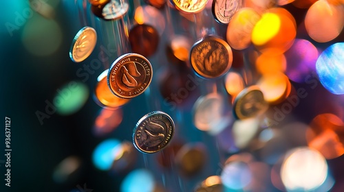 Coins Falling with Blurry Lights in the Background photo