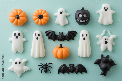 Halloween party decorations from pumpkins, bats, , ghosts, spiders on a pastel turquoise background, viewed from above