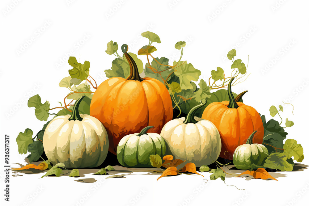 A colourful illustration of pumpkins and fallen leaves on a white background A colourful illustration of pumpkins and fallen leaves on a white background