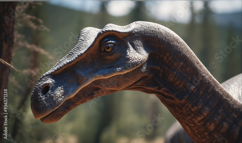 A close-up of a dinosaur's head, the animal's eye is looking directly at the viewer photo