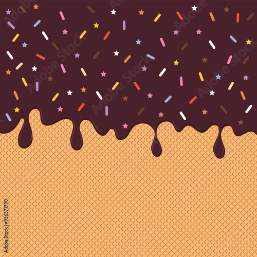 Chocolate glaze with waffle on background with colorful sprinkles,vector illustration.	