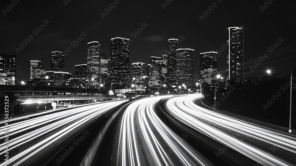 A nighttime cityscape showcasing illuminated skyscrapers alongside light trails from moving vehicles on a highway. A nighttime cityscape showcasing illuminated skyscrapers alongside light trails from moving vehicles on a highway.