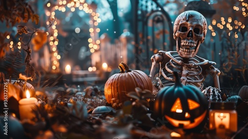 Skeleton in a graveyard cemetery, spooky halloween concept, pumpkins and candles.