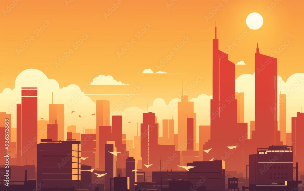 Minimalist Style Sunset Over City Skyline with Warm Hues Casting Tranquil Atmosphere Across Buildings Minimalist Style Sunset Over City Skyline with Warm Hues Casting Tranquil Atmosphere Across Buildings