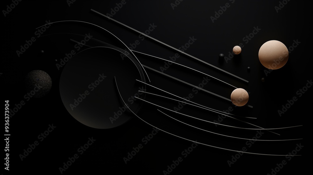 Fototapeta premium A minimalist abstract representation of planets and lines in space, featuring a dark background with various spherical shapes and linear elements.