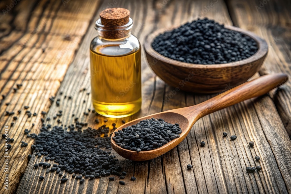 Black cumin seeds scattered on a rustic wooden background with a spoon holding essential oil and a glass bottle, representing organic herbal remedy for various ailments. Black cumin seeds scattered on a rustic wooden background with a spoon holding essential oil and a glass bottle, representing organic herbal remedy for various ailments.
