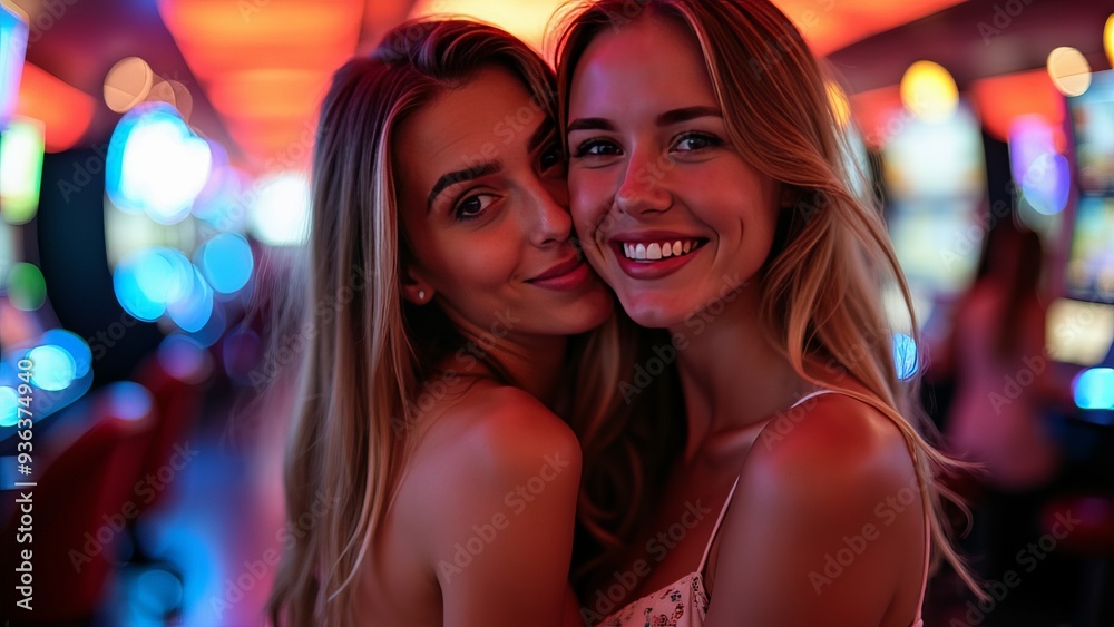 Smiling Friends Enjoying Nightlife at a Vibrant Casino Smiling Friends Enjoying Nightlife at a Vibrant Casino