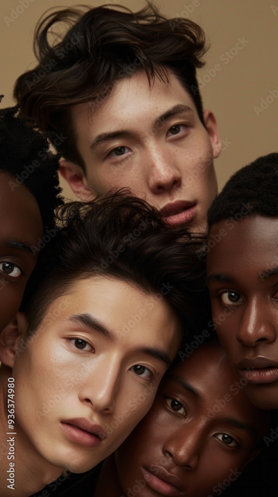 Five male models come together in a captivating beauty campaign, showcasing their unique features and expressions against a soft, neutral-toned background