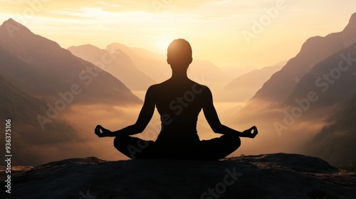 Serene Meditation at Sunrise - A peaceful silhouette of a person meditating on a mountaintop at sunrise, surrounded by misty mountains and a glowing sky.