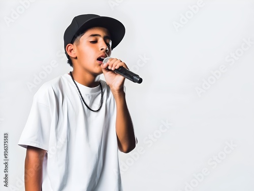 latin young man singing rap. isoalted on white
