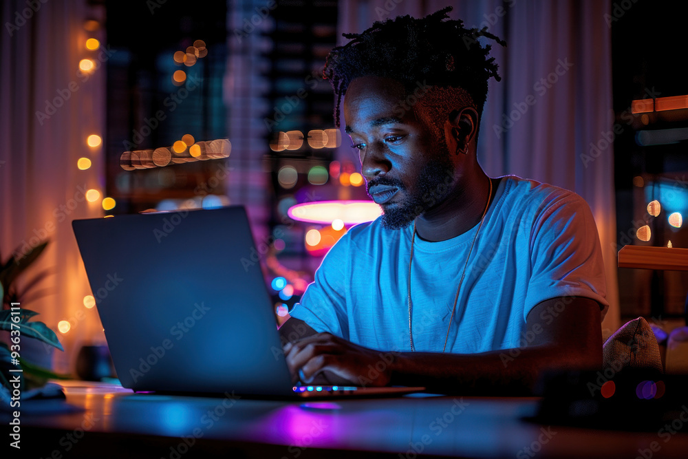 Focused young man working on laptop in cozy evening setting Focused young man working on laptop in cozy evening setting