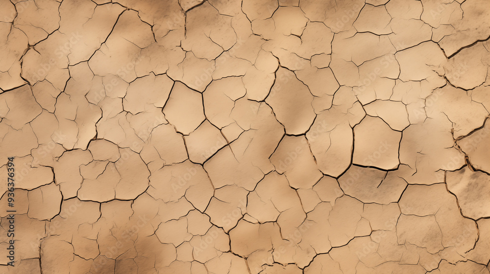 High resolution texture of cracked desert soil with deep fissures and arid sandy tones. The surface is a network of complex cracks and uneven terrain.