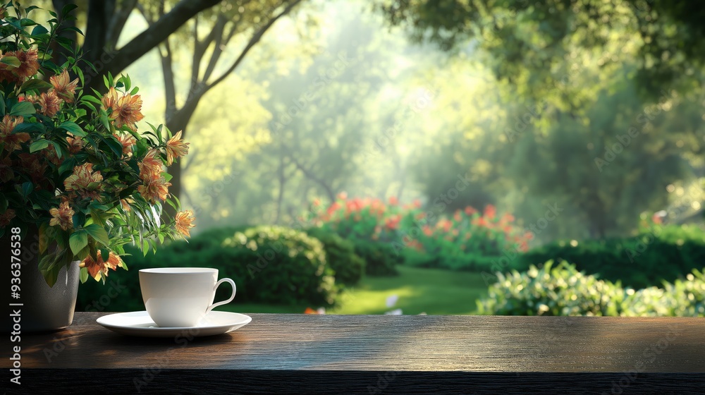 A peaceful morning unfolds with a warm cup of coffee placed on a wooden table. The garden is filled with vibrant flowers, lush greenery, and soft morning light filtering through the trees. A peaceful morning unfolds with a warm cup of coffee placed on a wooden table. The garden is filled with vibrant flowers, lush greenery, and soft morning light filtering through the trees.
