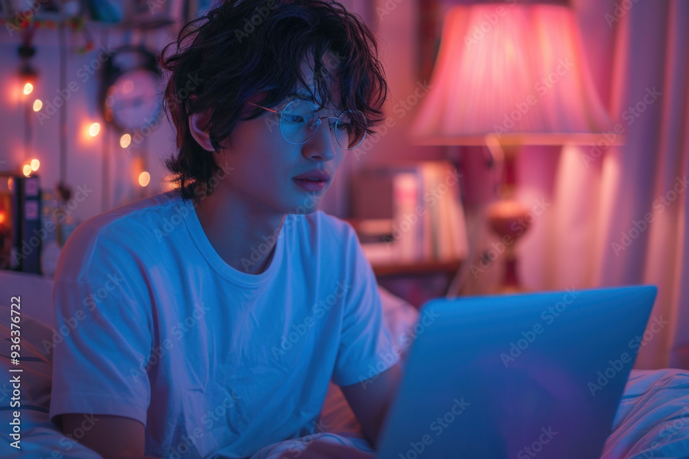 Young man working on laptop in cozy home at night Young man working on laptop in cozy home at night
