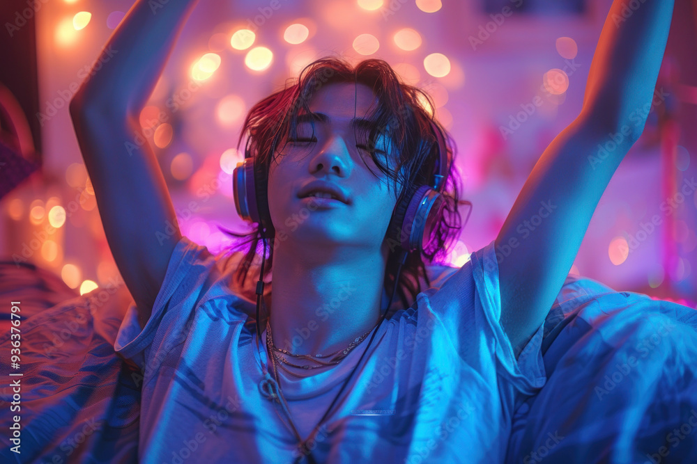 Young woman enjoying music with headphones in colorful neon lights Young woman enjoying music with headphones in colorful neon lights