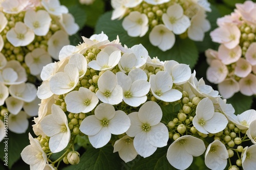 Beautiful blooming hortensia hydrangea white flowers buds peachy beige colors macro photo