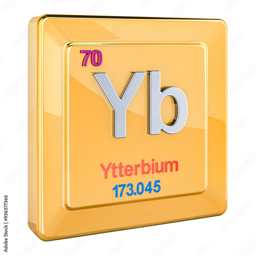 Ytterbium Yb, chemical element sign with number 70 in periodic table. 3D rendering isolated on transparent background