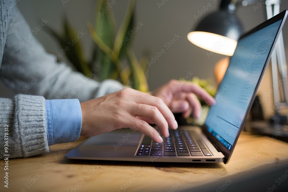 © NASSRI - Working on laptop computer in office typing on pc computer keyboard to connecting to internet network, entrepreneur work from home doing e-business, active freelance digital job using notebook.