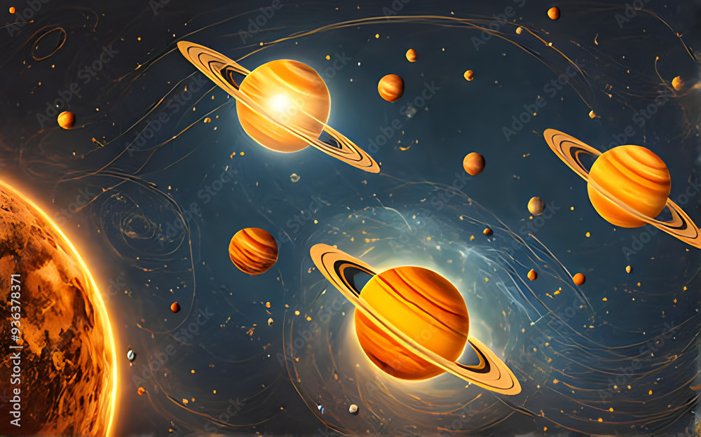 Naklejka premium Universe with galaxies and stars. Artistic illustration in epic fantasy style for a poster. Generative AI.