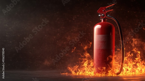 3D rendering of a sleek modern fire extinguisher with dynamic fire graphics underneath