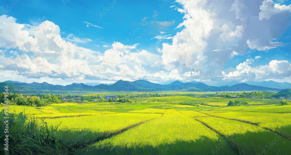 Fototapeta premium Minimalist Style Painting of Vast Rice Fields on China's Plains with Clear Blue Sky and White Clouds