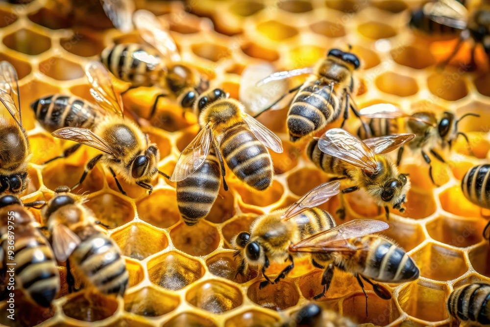 Busy bees thrive in intricate honeycomb cells, collecting nectar and producing golden honey, showcasing the wonders of beekeeping and honey production in a single frame. Busy bees thrive in intricate honeycomb cells, collecting nectar and producing golden honey, showcasing the wonders of beekeeping and honey production in a single frame.