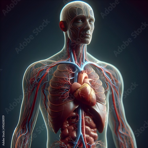 Biomedical illustration showing human internal organs with heart, liver, lungs and vascular system, Digitally generated image of inner human organs, human body anatomy, vector medical organs system.