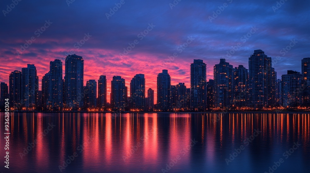 Obraz premium A stunning city skyline at sunset, reflecting vibrant colors on the water's surface.