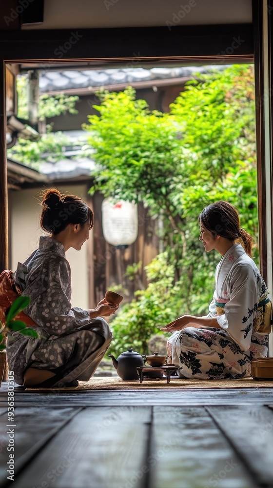 Two holidaymakers sit on a wooden floor, enjoying a traditional tea ceremony surrounded by lush greenery and tranquility Two holidaymakers sit on a wooden floor, enjoying a traditional tea ceremony surrounded by lush greenery and tranquility