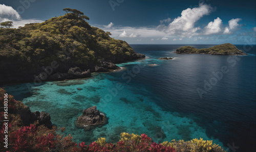 A rocky island with lush vegetation sits on a bright blue sea on a sunny day