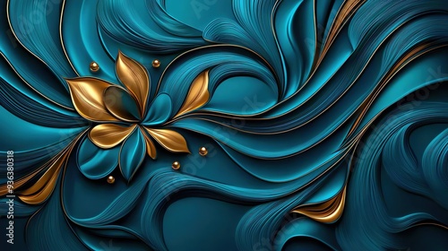 Wallpaper Mural An elegant abstract design featuring flowing teal and golden elements, creating a luxurious and artistic visual composition. Torontodigital.ca