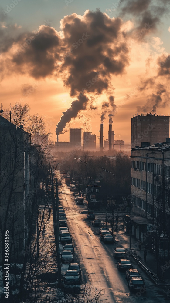 Fototapeta premium Industrial cityscape with smoke rising from factories at sunset