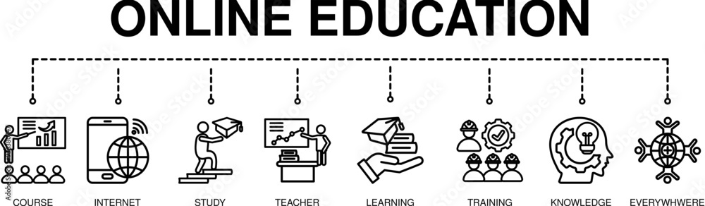 Online Education banner web icon for lesson and presentation. course ...